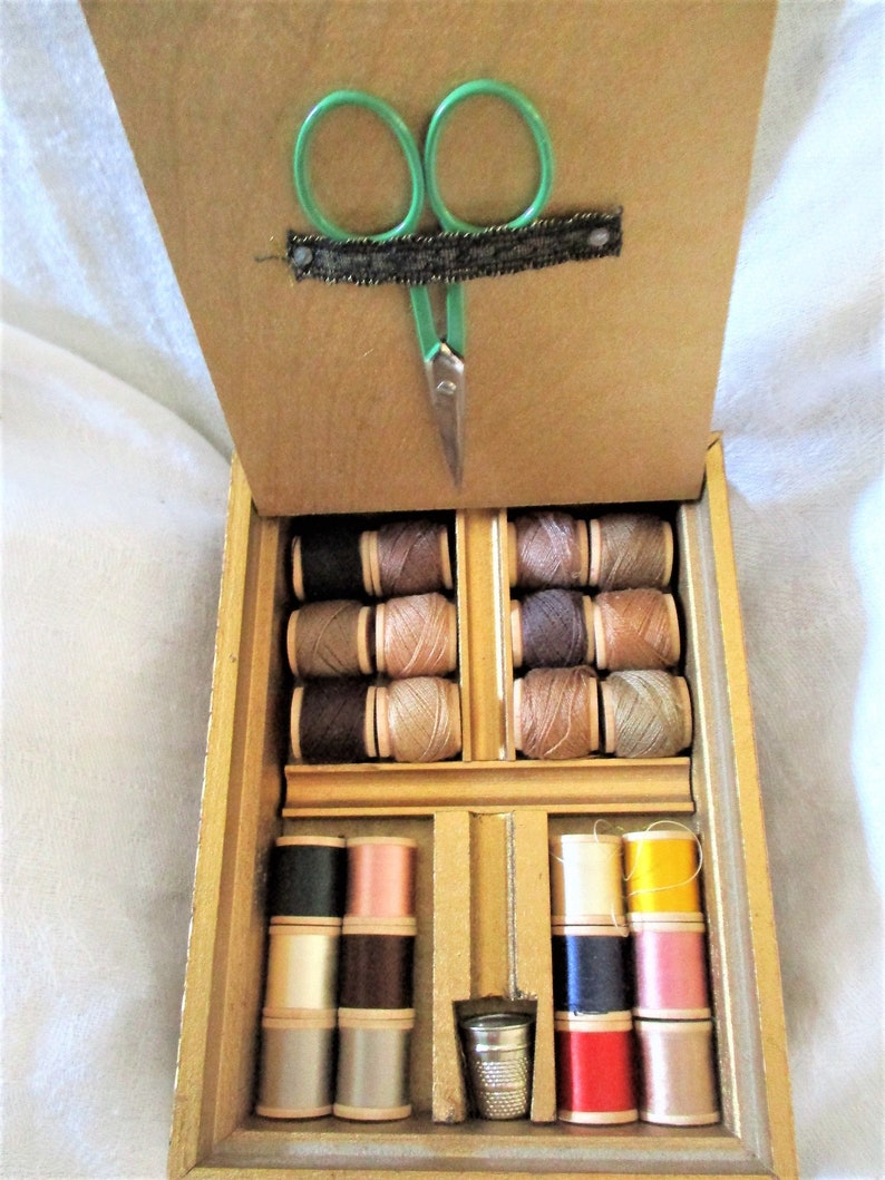 Vintage Sewing Box Travel Kit Gold Wood Decorative