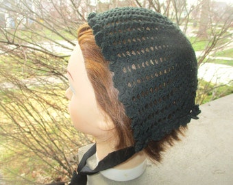 Vintage Victorian Crochet Mourning Bonnet Hat Black Childs Handmade