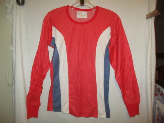 Vintage 70s Red White Blue Nylon Blend Knit Pullo… - image 1