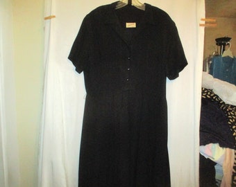 Vintage 40s 50s Black Rayon Crepe Dress M L Pleated Button Short Sleeve Pullover