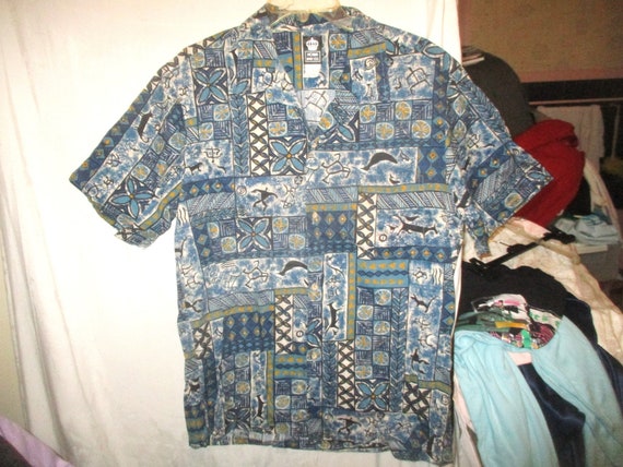 Vintage 80s Mans Tiki Print Hawaiian Shirt L Moan… - image 1