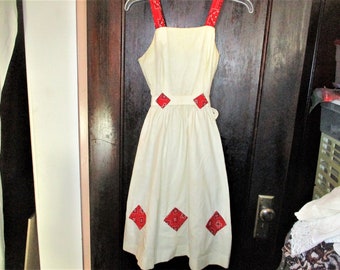 Vintage 70s White Red Bandana Prairie Tank Dress S Boho Hippie Sleeveless