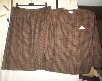 Vintage 90s Brown Tweed Plaid Ladies 2 pc Suit L Skirt DB Jacket 40s Look