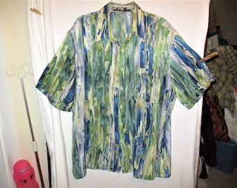 Vintage 70s Blue Green Mens Polyester Short Sleeve Shirt XL Marbleized Stripe