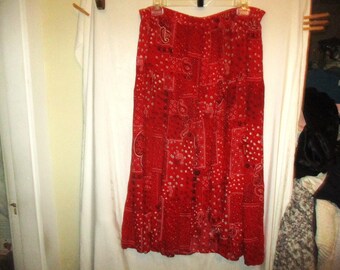 Vintage 90s Red Bandana Rayon Wrap Look Skirt L Calf Length New Frontier