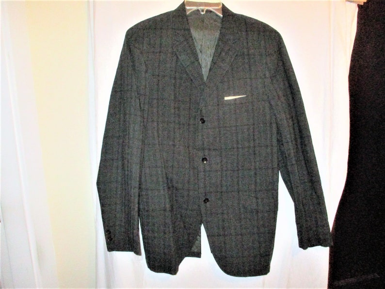 Vintage 50s Gray Check Dacron Wool Blend Sport Jacket 40L Mens 19Tall