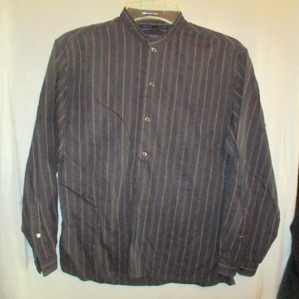 Vintage 90s Generra Band Collar Gray Beige Stripe Cotton Shirt Mens M Henley