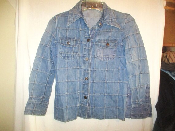 Vintage 70s Ladies Stitched Check Denim Shirt S B… - image 1