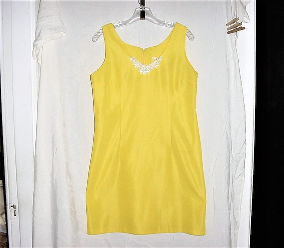 Vintage 60s Yellow Poly Mini Dress Sheath Sleevel… - image 1