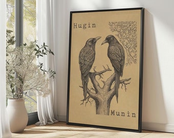 Hugin and Munin Raven Print Norse Mythology Odin Viking Wall Art Pagan Art Nordic Illustration Print Bird Wall Art Printable Viking Gift