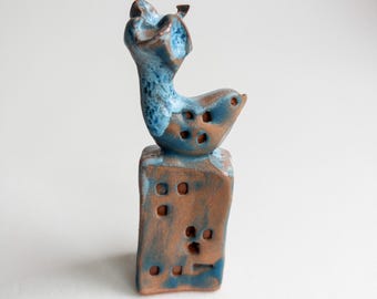 Handmade Red Clay Bird Sculpture - Light Blue Glazed Ceramic Figurine
