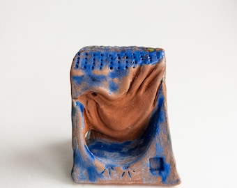 Handmade Red Clay Bird Sculpture – Blue & Turquoise Glazed Ceramic Figurine