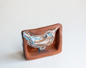 Handmade Bird Art Red Clay Sculpture – White and Blue Ceramic Figurine, Decorative Table Art