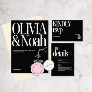 Moderne Champagner Schwarzweiß-Hochzeitssuiten-Einladung QR-Code-RSVP-Vorlage, illustriertes Set Bearbeitbare Canva-Hochzeitsvorlage Monochrom D2
