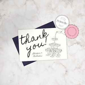 Modèle de carte de remerciement pour mariage, carte de remerciement modifiable illustrée champagne, carte beige noir, carte de remerciement, carte fantaisiste pliable C1