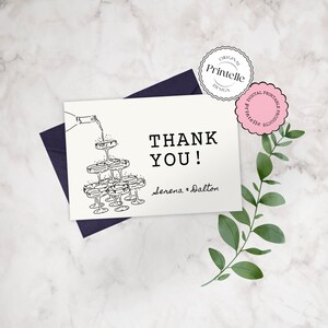 Modèle de carte de remerciement mariage, remerciement modifiable, carte imprimable noir beige, carte de remerciement illustrée, carte fantaisiste pliable C1