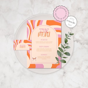 Final Fiesta Menü & Tischkarte Vorlage | Pink Orange Bachelorette Menü | Retro Bach Party Menü Tischkarte Bachelorette Ortsnamen Dekor FF