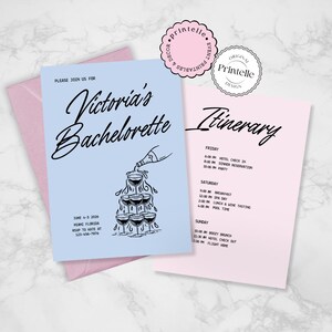 Sjabloon vrijgezellenfeestuitnodiging en reisplan | Blauwroze uitnodiging en routebeschrijving | Gracie Cotton Candy Bachelorette bewerkbare weekendkaart CC2