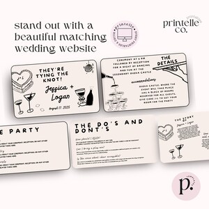 K&ouml;nnte beinhalten: Eine Sammlung cremefarbener Hochzeitseinladungskarten mit schwarzen Illustrationen und Text. Die Karten zeigen Bilder von Kuchen, Sektgl&auml;sern und den Text "They're Tying the Knot!" und "Jessica + Logan". Die Karten enthalten auch den Text "The Do's and Don'ts".