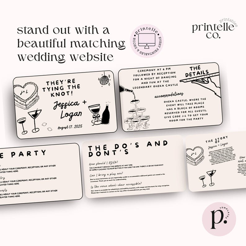 K&ouml;nnte beinhalten: Eine Sammlung cremefarbener Hochzeitseinladungskarten mit schwarzen Illustrationen und Text. Die Karten zeigen Bilder von Kuchen, Sektgl&auml;sern und den Text "They're Tying the Knot!" und "Jessica + Logan". Die Karten enthalten auch den Text "The Do's and Don'ts".