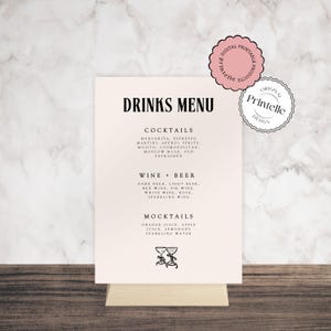 May include: A printable drinks menu with a pink background and black text. The menu lists cocktails, wine and beer, and mocktails. The text "DRINKS MENU" is at the top of the menu.