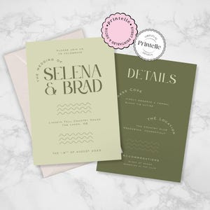 結婚式招待状テンプレート | セージグリーンニュース結婚式招待状 | モノクロセージディテールウェディングカード | 波状クラシックミニマル招待状 GW