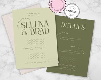 Sage Green Wedding Invitation Template: Minimalist Wavy Design (Digital Download)