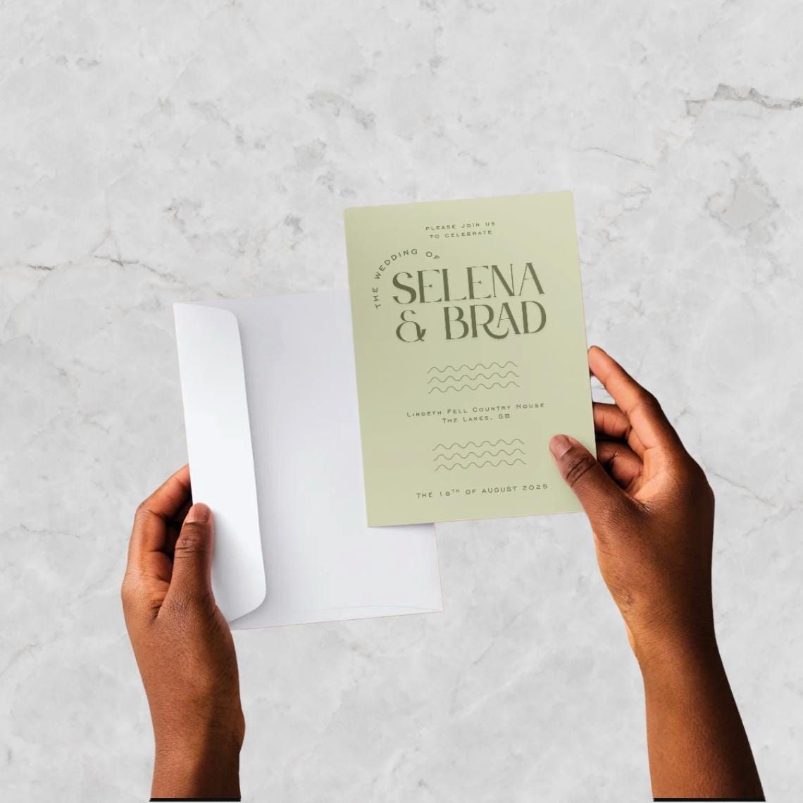 Sage Green Wedding Invitation Template: Minimalist Wavy Design (digital ...