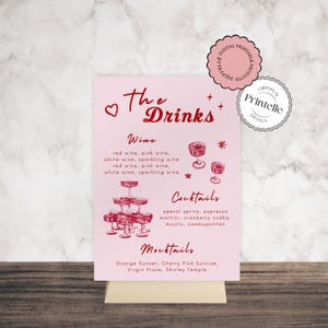 Bachelorette Drinks Menu Sign | Editable Bar Menu Template | Red and Pink Cocktail Menu | Printable Bar Menu Sign | Wedding Menu M4