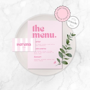 Plantilla de menú y tarjeta de lugar rosa / Menú de despedida de soltera monocromático rosa / Menú minimalista de despedida de soltera con rayas rosas, tarjeta de lugar para despedida de soltera TBC4