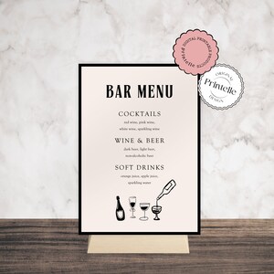 Letrero de menú de bebidas para bodas / Plantilla de menú de bar editable / Menú de cócteles de lujo, moderno y silencioso en blanco y negro / Letrero de menú de bar / Menú de bodas A1
