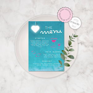 Modello di menu per addio al nubilato di Island Villa / Modello di menu per addio al nubilato disegnato a mano a tema amore / Menu per addio al nubilato di Bachelorette Island L1