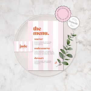 Plantilla de menú y tarjeta de lugar en color rosa / Menú de despedida de soltera en color naranja y rosa / Menú de despedida de soltera minimalista con rayas rosas y tarjeta de lugar Decoración para despedida de soltera TCB 1