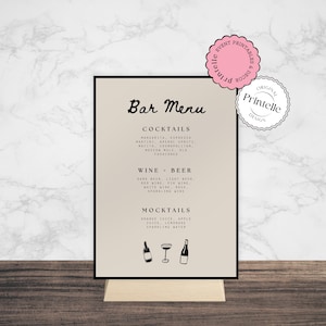 Letrero de menú de bar de boda dibujado a mano / Plantilla de menú de bebidas editable / Menú de cócteles ilustrado / Letrero de menú de bar minimalista / Menú de boda T2