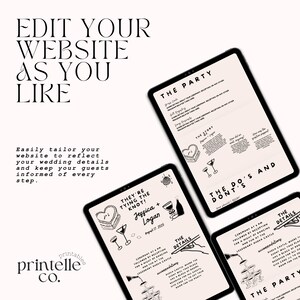 K&ouml;nnte beinhalten: Digitale Hochzeitswebsite-Vorlagen auf Tablets. Die Bildschirme zeigen Eventdetails, darunter "The Party", "The Story" und "The Details". Der Text "Edit Your Website As You Like" steht oben.