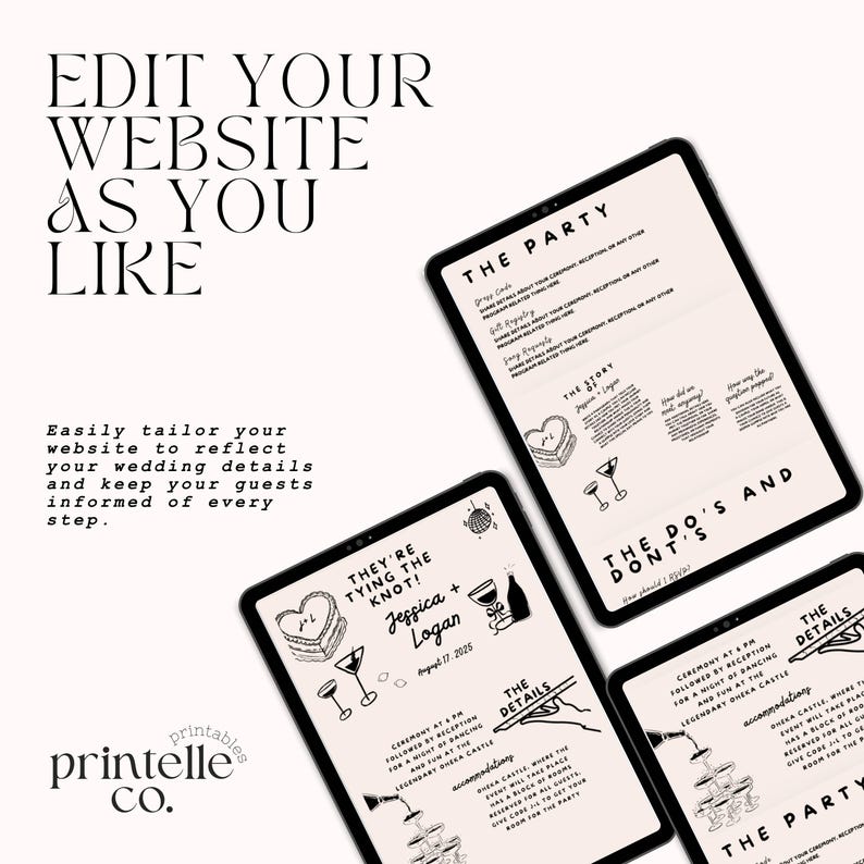 K&ouml;nnte beinhalten: Digitale Hochzeitswebsite-Vorlagen auf Tablets. Die Bildschirme zeigen Eventdetails, darunter "The Party", "The Story" und "The Details". Der Text "Edit Your Website As You Like" steht oben.