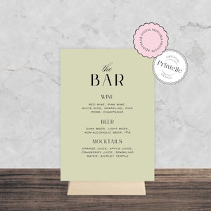 Letrero de barra de despedida de soltera en verde salvia / Plantilla de menú de bebidas editable / Menú de cócteles elegante en verde / Letrero minimalista para barra / Bebidas Bach G3