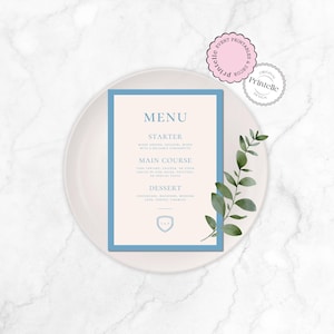 Plantilla de menú de boda / Plantilla de tarjetas de menú preppy con diseño de Blue Crest / Modern Prep Blue Crest para la colocación de asientos en la cena de boda / Plantilla Bluebell B2