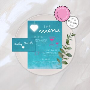 Modello di menu e segnaposto per addio al nubilato Island Villa / Modello di menu Bach Island disegnato a mano a tema amore / Decorazione Bachelorette Island L1