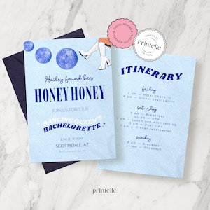 Invitación e itinerario para despedida de soltera disco: temática de miel (plantilla de Canva)