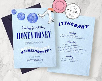 Disco Bachelorette Invitation & Itinerary: Honey Theme (Canva Template)