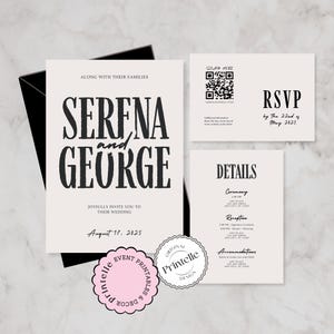 Puede incluir: Invitación de boda con texto en blanco y negro sobre fondo blanco. La invitación dice "Serena y George" con la fecha "17 de agosto de 2025". La invitación también incluye un código QR e información de RSVP.