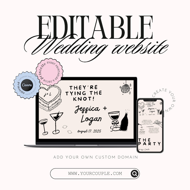 K&ouml;nnte beinhalten: Ein digitales Hochzeitswebsite-Design, das auf einem Laptop und Smartphone angezeigt wird. Das Design enth&auml;lt den Text "EDITABLE Wedding website", "THEY'RE TYING THE KNOT!" und die Namen "Jessica + Logan". Die Website zeigt auch Kuchen- und Cocktail-Illustrationen.