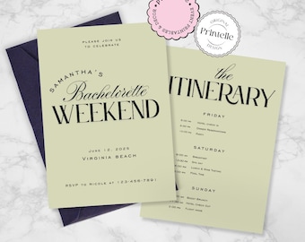 Plantilla de invitación e itinerario para despedida de soltera en color verde salvia (descarga digital)