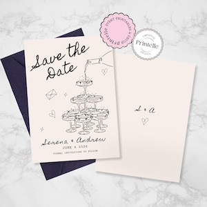Champagne Wedding Save the Date Template: Illustrated Cards (Digital Download)