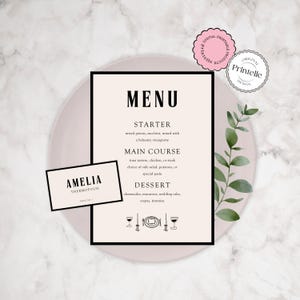 Wedding Menu And Place Cards Template | Modern Quiet Luxury Hand Drawn Wedding Menu Illustrations | Handwritten Table Name Cards Template A1