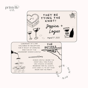 K&ouml;nnte beinhalten: Zweiteilige Hochzeitseinladung mit schwarzer Strichzeichnung auf cremefarbenem Hintergrund. Die obere Karte lautet &bdquo;They're Tying the Knot!&ldquo; mit den Namen Jessica und Logan und dem Datum 17. August 2025. Die untere Karte beschreibt die Zeremonie und den Empfang.