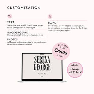 K&ouml;nnte beinhalten: Ein Laptop zeigt ein Hochzeitskarten-Design mit den Namen "SERENA and GEORGE" und dem Datum "11. August 2025". Das Bild enth&auml;lt Text zu Anpassungsoptionen wie Textbearbeitung, Hintergrund&auml;nderungen und Fotozus&auml;tzen. Rosa Akzente und das Canva-Logo sind ebenfalls sichtbar.