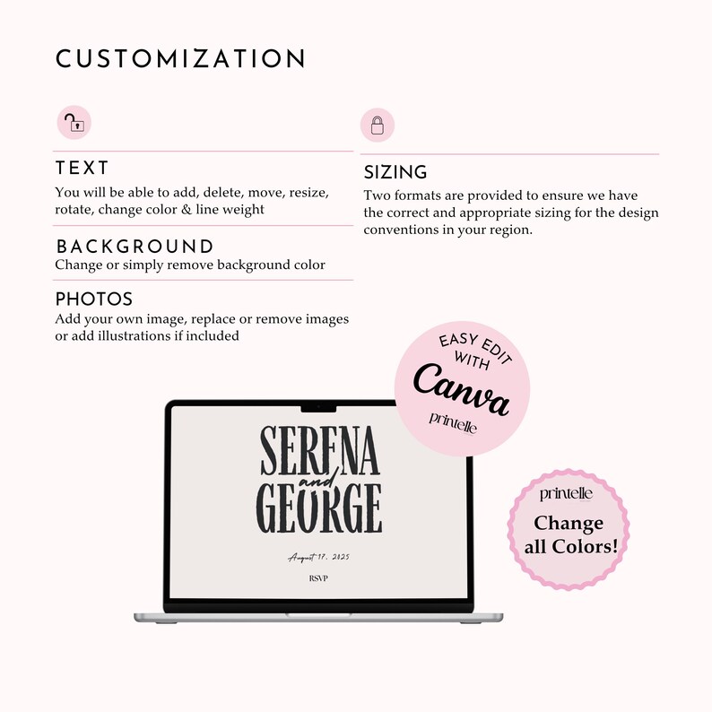K&ouml;nnte beinhalten: Ein Laptop zeigt ein Hochzeitskarten-Design mit den Namen "SERENA and GEORGE" und dem Datum "11. August 2025". Das Bild enth&auml;lt Text zu Anpassungsoptionen wie Textbearbeitung, Hintergrund&auml;nderungen und Fotozus&auml;tzen. Rosa Akzente und das Canva-Logo sind ebenfalls sichtbar.