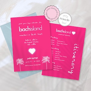 Bach Island Invitation and Itinerary Template | Hot Pink Villa Themed Bachelorette Party Template, Customizable Canva Islander Template L3